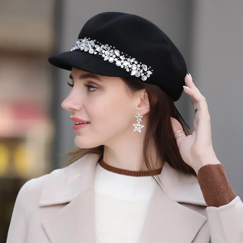 French new style hat lady autumn winter beret hat top hat British pumpkin hat woolen hat fashion rhinestone wool felt hat