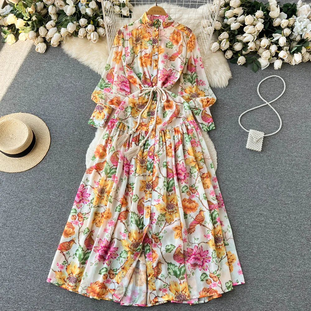 Floral Dress with Puff Sleeves Summer Dress Dresses for Women Long-sleeved Resort Style Skirt Pleated Long Skirt Women Dresses