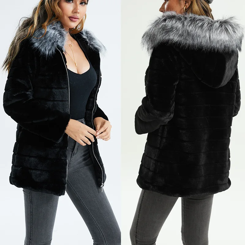 2022 Winter New Fashion Faux Fur Coat Mid-length Hooded Thickened Faux Fur Slim Fit Coat Long Coats for Women Thick Warm Fur