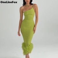 onelinefox 2022 autumn green one shoulder sexy dress women sleeveless backless bodycon female party dresses casual vestidos