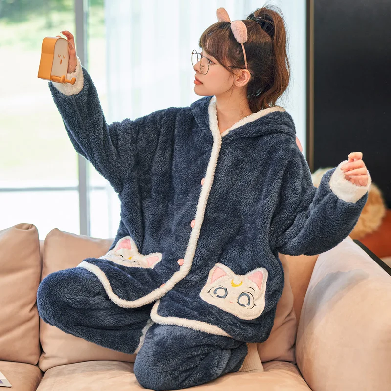 FUNISHI Winter Pajamas Inspissate pijama mujer Plush Women's pajamas Loose Version Hooded Pajama Set Plus Size 3XL Cartoon