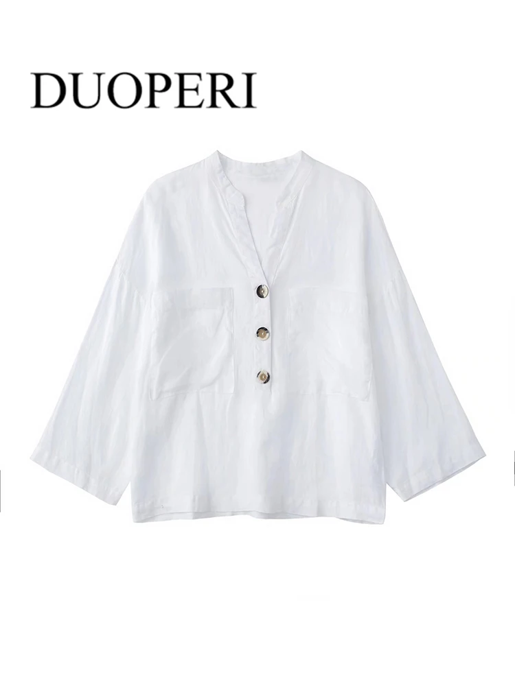 

DUOPERI Women Fashion Linen Blouse With Buttons Long Sleeve Female Chic Lady Vintage Shirts Outfits
