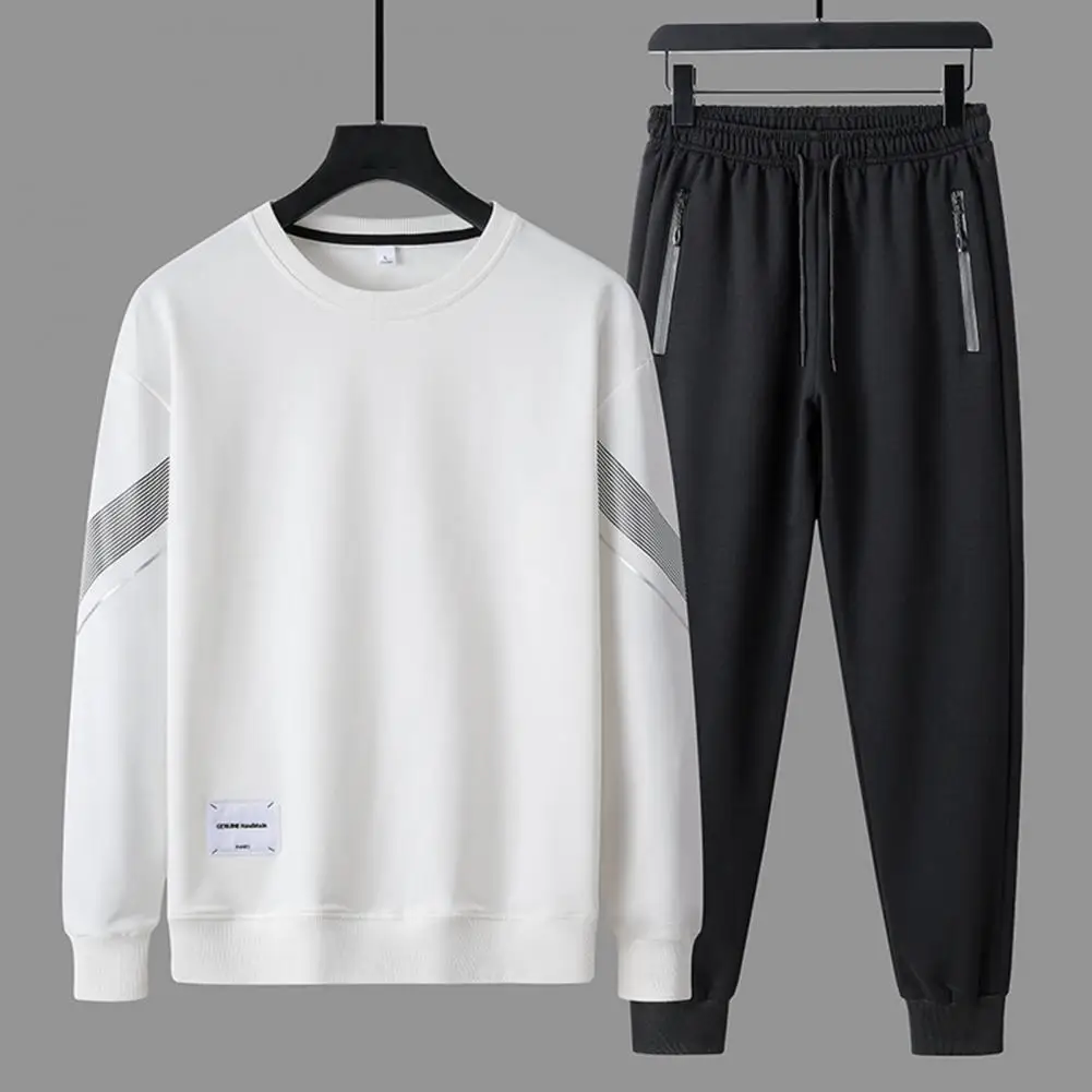Sporty 1 Set Popular Ribbed Cuff Top Drawstring Pants Spring Autumn Men Outfit Round Neck   for Jogging