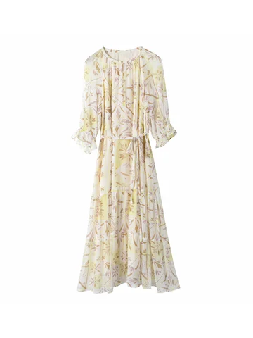 SuyaDream женское длинное пляжное платье с принтом, 100% натуральный шелк, ТРАПЕЦИЕВИДНОЕ длинное пляжное платье с поясом, весна-лето 2023, повседневная одежда бежевого цвета