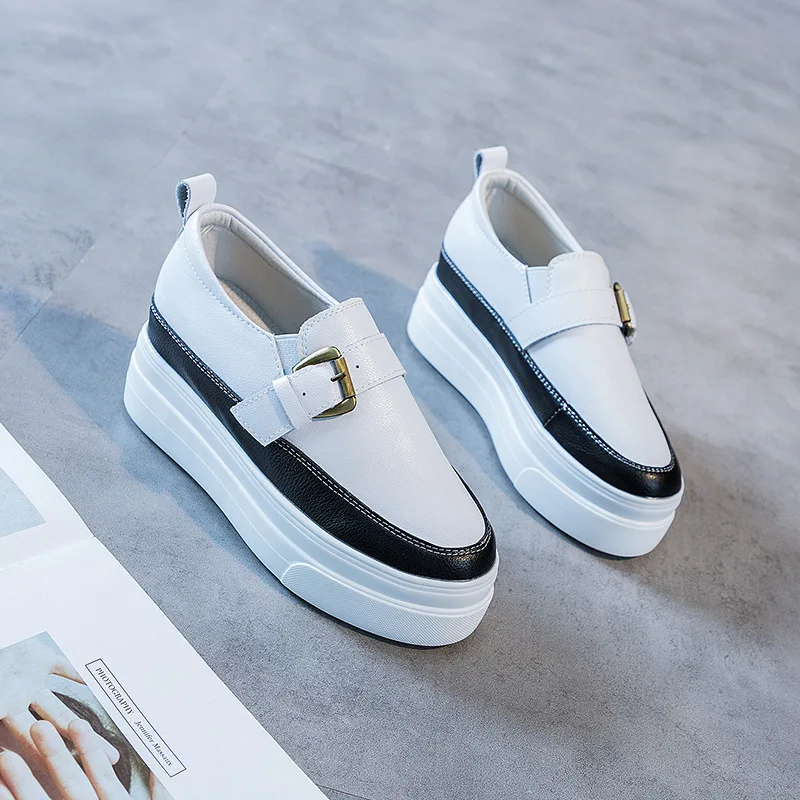 Black 7CM Platform Wedge Women Shoes Genuine Leather Slip on Buckle Hidden Heel Chunky Leather Women Sneakers Women Casual Shoes