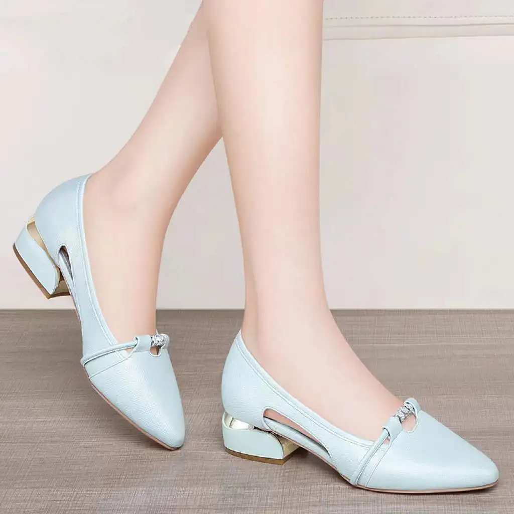 

Thick Heel Pointed Toe Shallow Mouth Single Shoes Hollow Breathable Small Leather Casual Low Top 2022 Spring Autumn Style