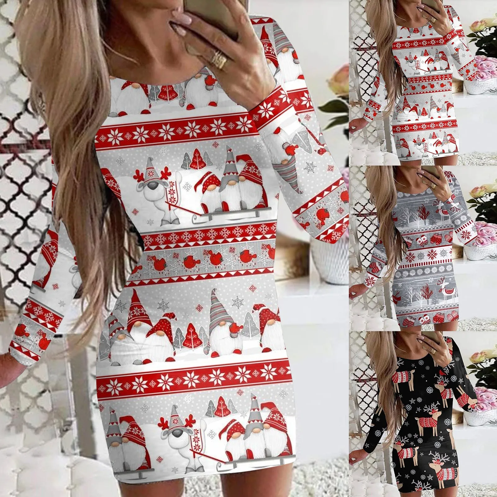 

Christmas Sweater Dress For Women Winter Autumn New Years Clothing Long Sleeve Pullover Loose Casual Mini Party Red Dresses Suit