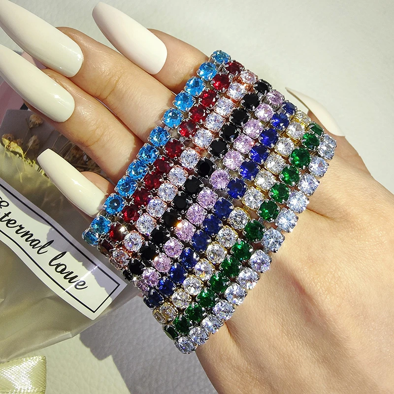 

silver color on hand 5mm 17cm 19CM Blue Green Red Tennis Bracelet Bangle For Women Wedding Fashion Jewelry Party Gift S5787-5MM