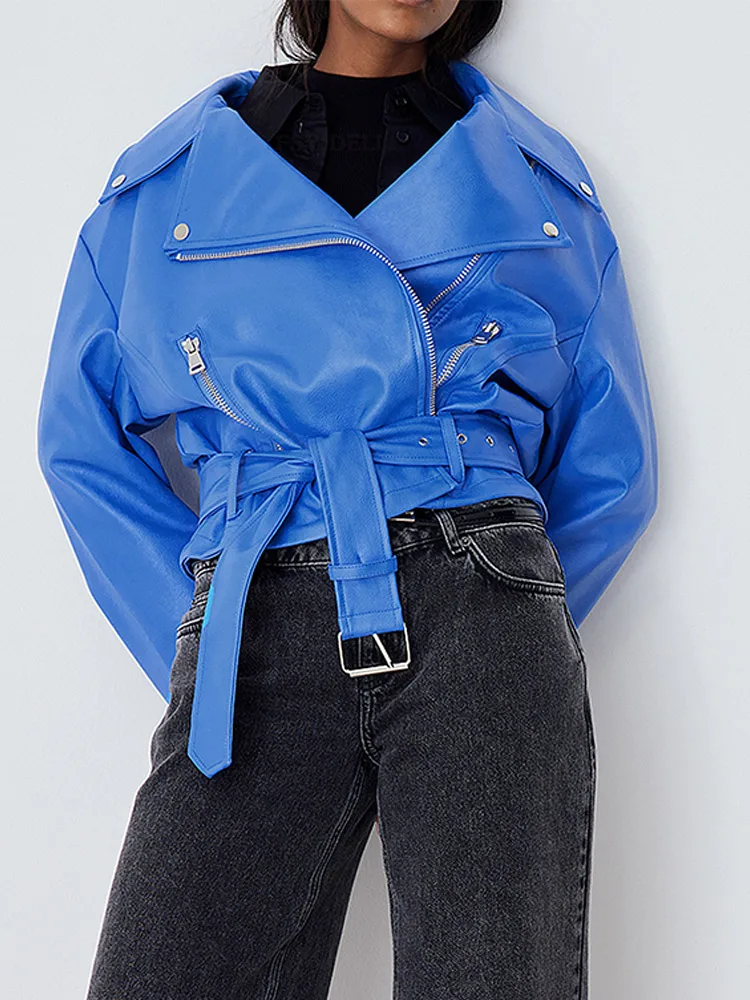 Punk Leather Women Jacket Short Coat Streetwear Tunic Female Jackets with Belt 2022 Autumn Winter moto & biker Zipper Outwear