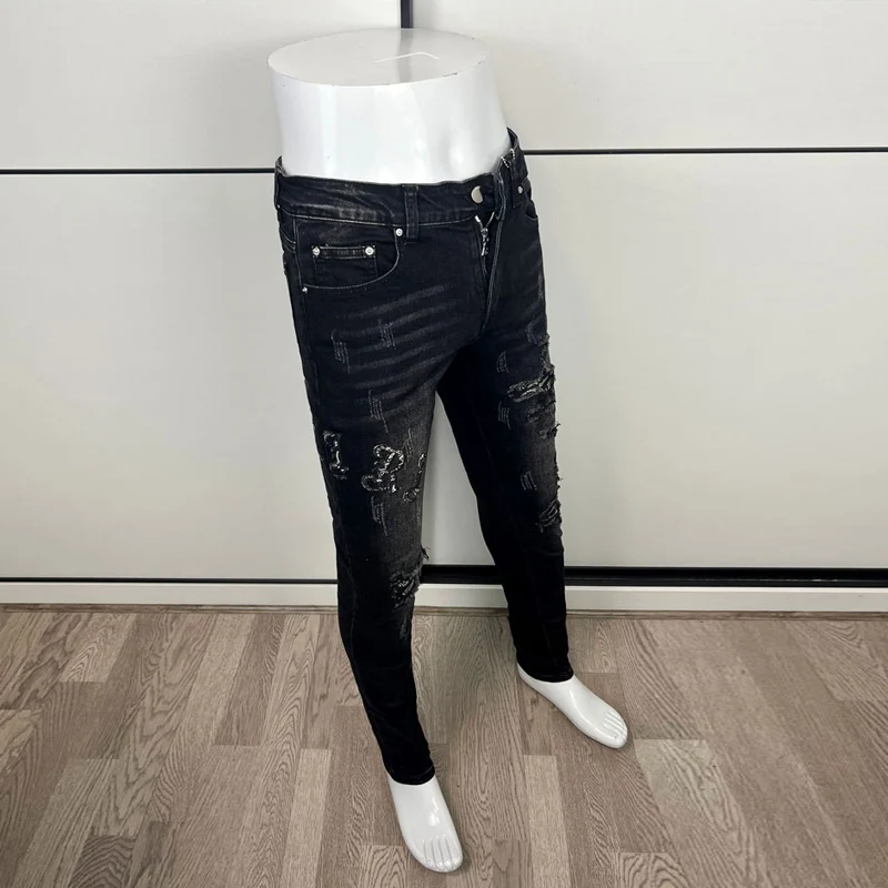 High Street Fashion Men Jeans Retro Black Gray Elastic Skinny Ripped Jeans Men Brand Patch Designer Hip Hop Stretch Pants Hombre