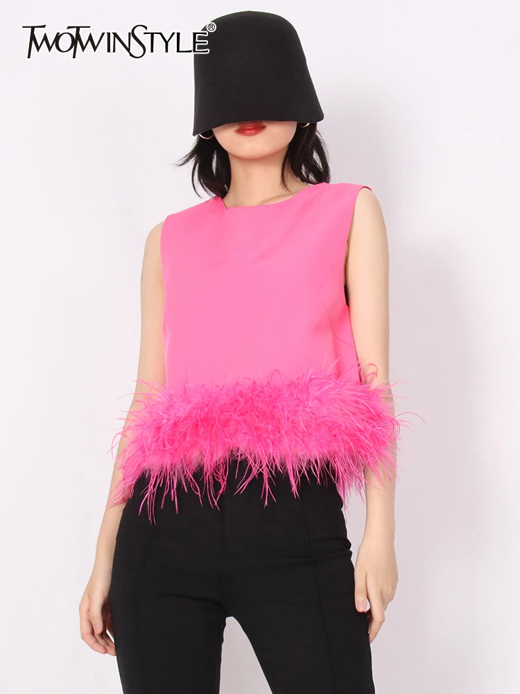 

TWOTWINSTYLE Summer Fashion Patchwork Feathers Hem Tank Tops For Women Round Neck Sleeveless Loose Vests Female 2022 Clothes New