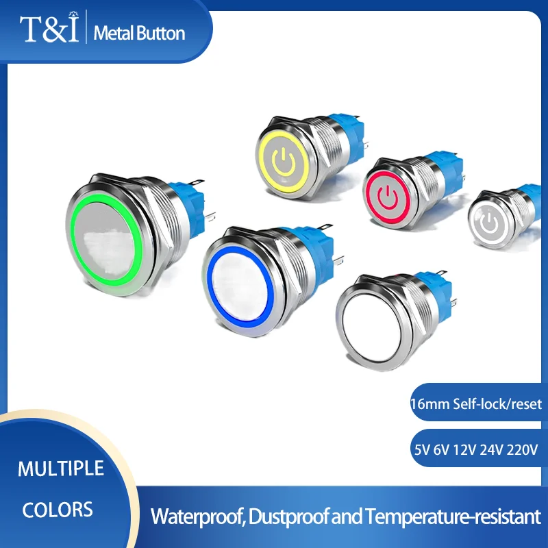 

16mm Metal Button Switch Self-resetting Self-locking Waterproof Car Retrofit Round Small With Light 5V 6V 12V 24V 220v