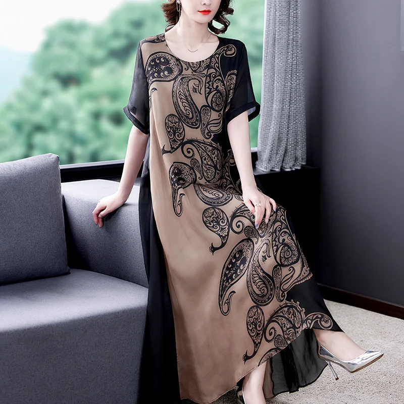 

2023 Spring Summer Print 4XL Plus Size Mulberry Silk Dress Women Elegant Bodycon Party Vestidos Boho Vintage Loose Midi Dresses