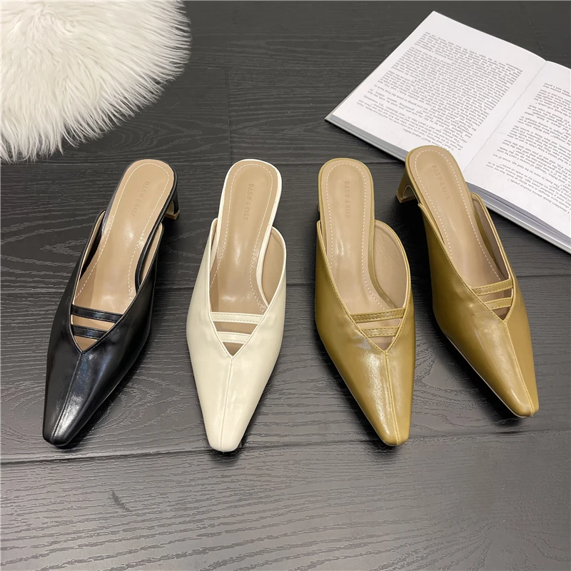 

Cover Toe Square heel Female Shoes Med 2022 Ladies' Slippers Block New Summer Heels Pointed Rome PU Slides Rubbe