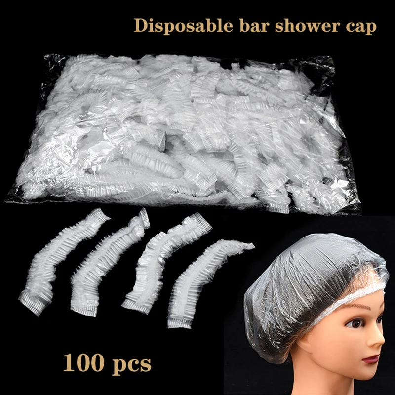100 Pieces Disposable Elastic Shower Caps Waterproof Women's Head Cover Plastic Waterproof Hair Caps for Hotel and Hair Salon