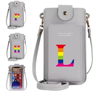 Waterproof Wallets Card Holder Women's Crossbody Shoulder Bags Rainbow Letter Print Buttons Purse Touch Screen Mobile Phone Bag