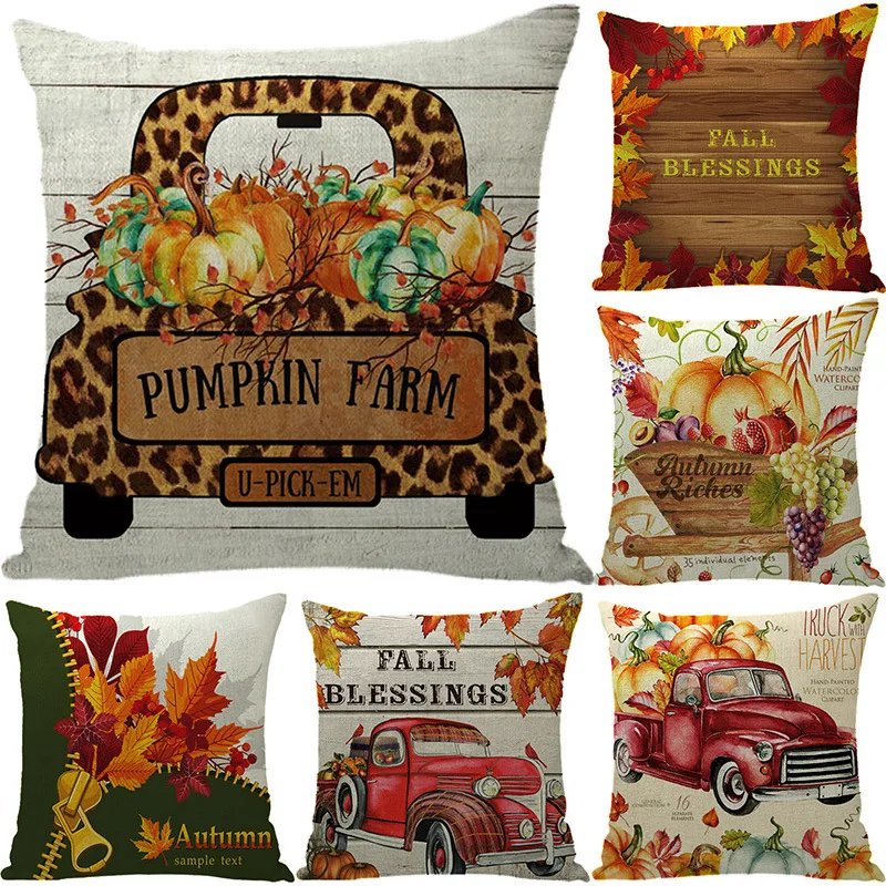 Pumpkin Linen Pillow Cover 18x18 Inches Pillowcases Thanksgiving Decorations Couch Cushion Cover Autumn Home Decor Pillow Case