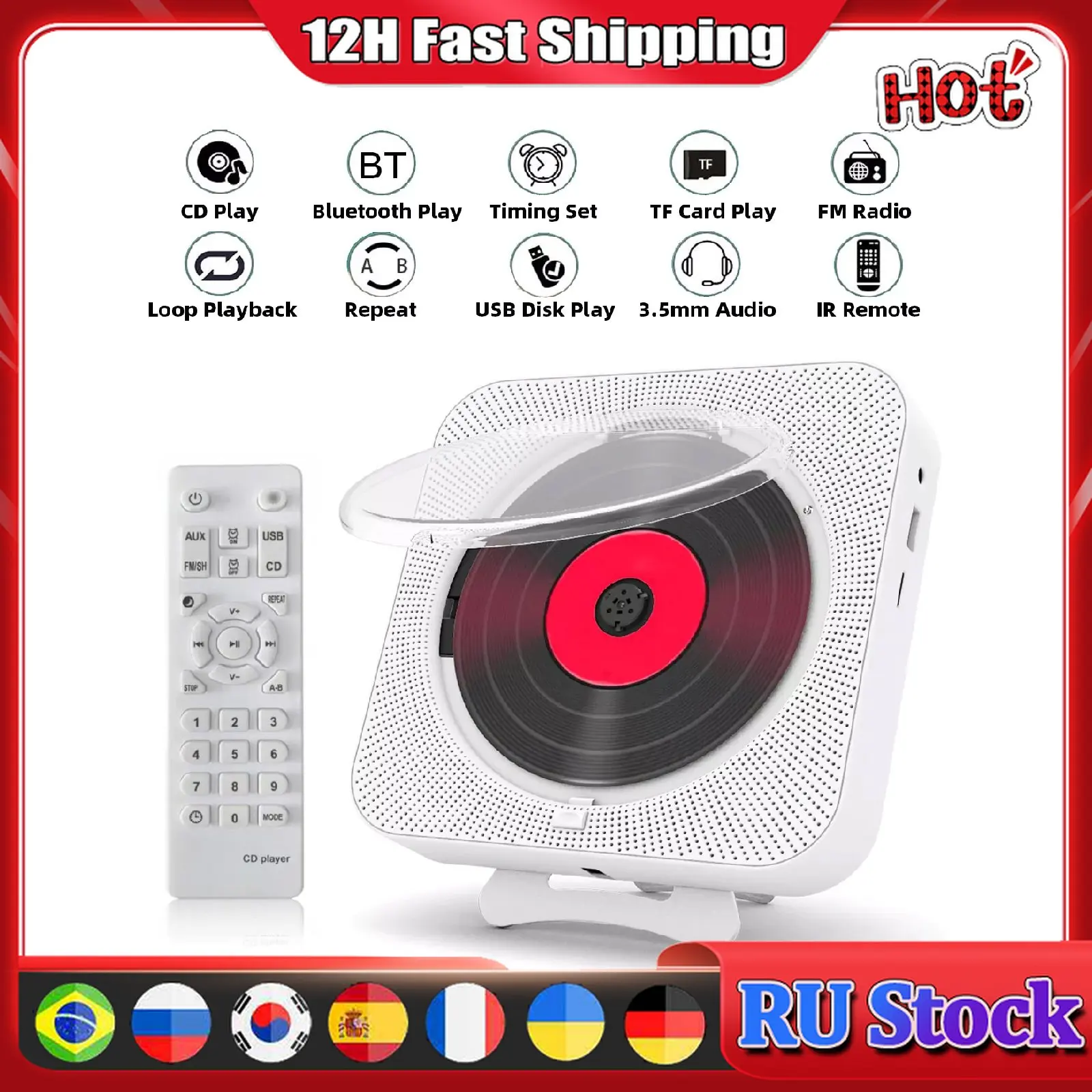 

Portable CD Player Bluetooth Speaker LED Screen Wall Mountable Stereo Players CD Music Player with IR Remote Control FM Radio