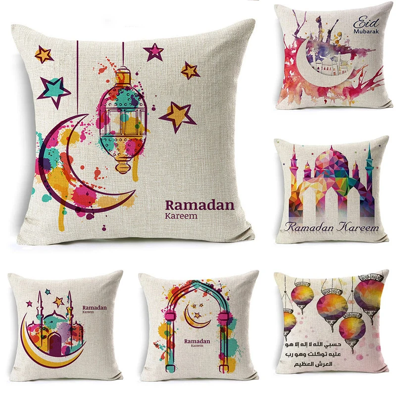 

Рамадан кареем ИД Мубарак наволочка акварель Луна Звезда Фонарь мечеть наволочка льняное украшение 45*45 см