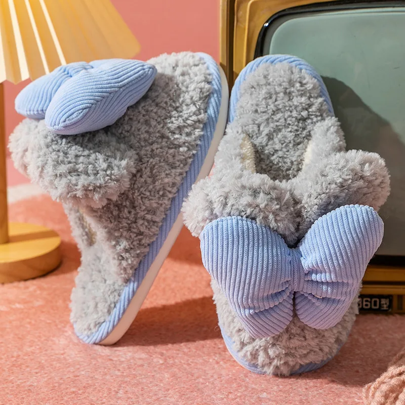 

Big Bow Knot Furry Slippers For Women Winter Fur Slides Home Shoes Ladies Slippers Indoor Room Shoes Female Fuzzy Slippers 2022