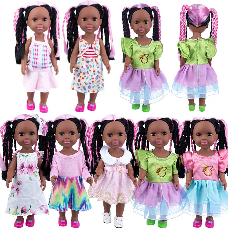 

New 14inch Reborn Baby Doll Silicne Pink Braid Tide Baby 35Cm Straight Hair Black Skin American Girl Dress Up Doll Toy