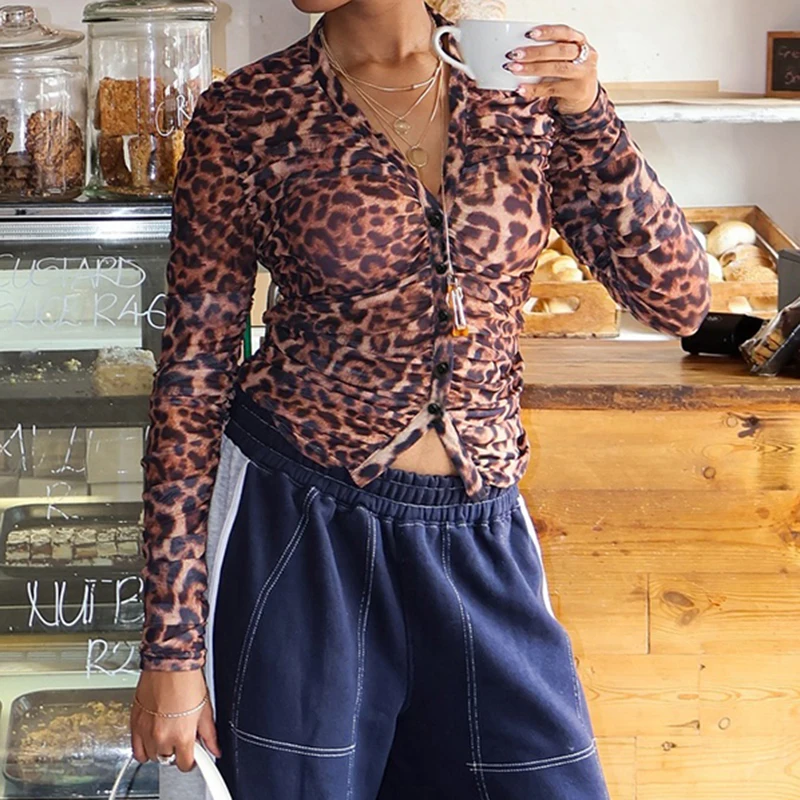 IAMHOTTY Сетчатый Топ С Леопардовым Принтом Для Женщин Винтажная Приталенная Блузка