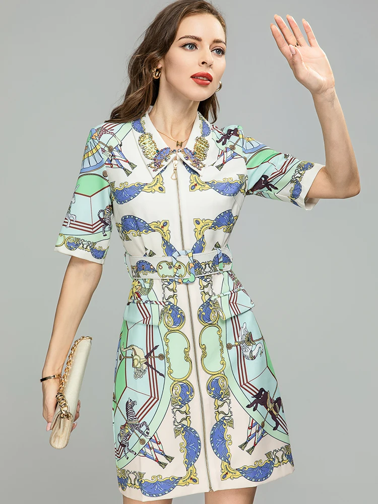 

MoaaYina модное подиумное платье Летнее женское платье с кристаллами и отложным воротником, короткий рукав, пояс, тонкие карманы, винтажное платье с принтом