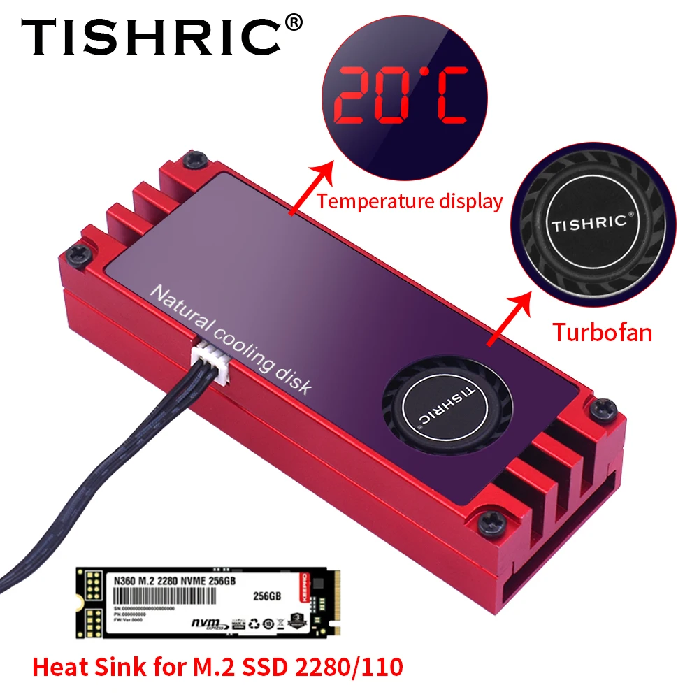 TISHRIC Radiator Temperature Display M2 SSD Heatsink Cooler with Turbo Cooling Fan for 2280 22110 NVMe NGFF M2 Solid State Drive