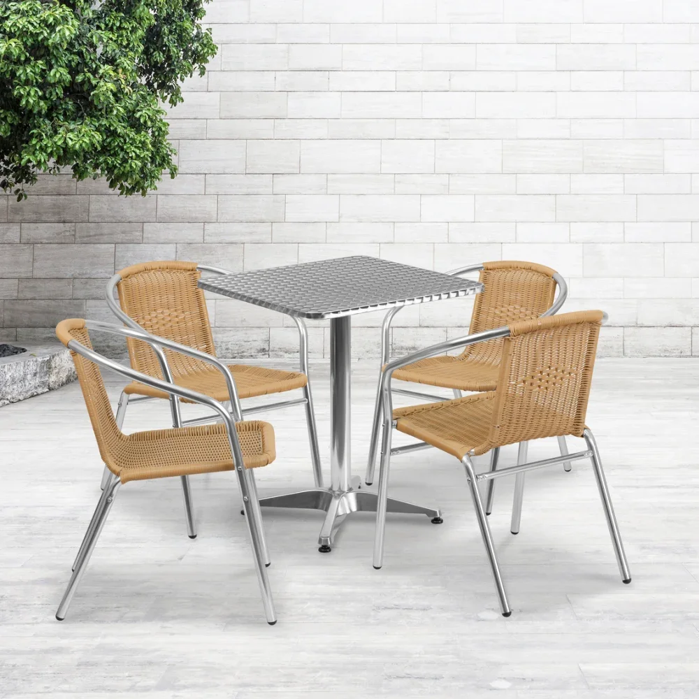 

23.5'' Square Aluminum Indoor-Outdoor Table Set with 4 Rattan Chairs