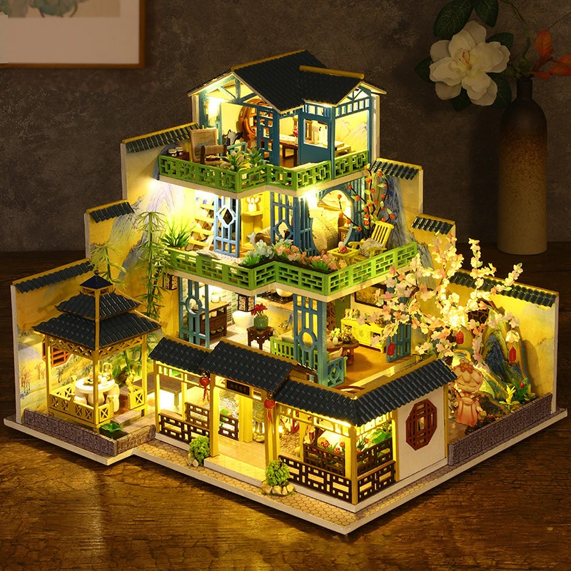 

Деревянный кукольный домик «сделай сам», миниатюрный конструктор, кукольный домик с китайской архитектурой и мебелью, вилла, игрушки для взрослых, подарки на день рождения