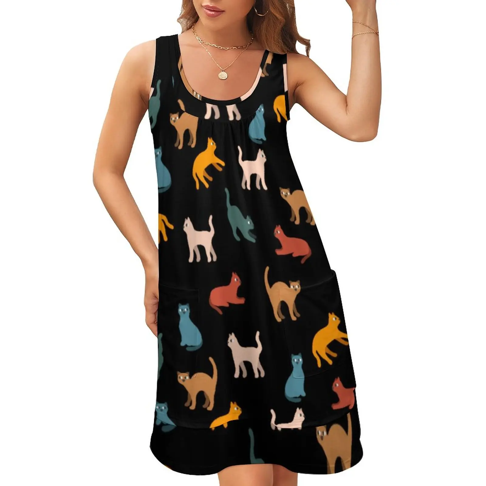 

Cute Cats Print Dress Colorful Animal Pretty Dresses Ladies Patchwork Trendy Casual Dress Summer Modern Oversize Clothes