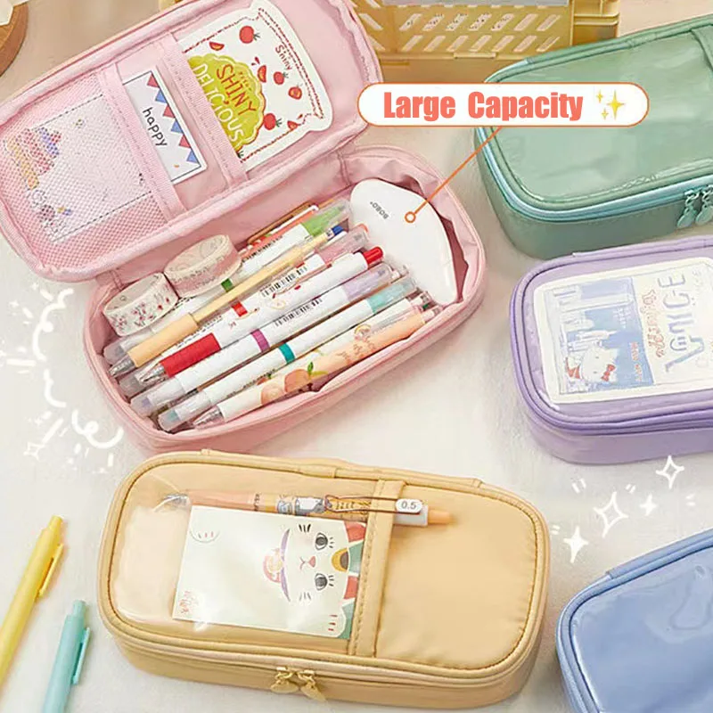 kawaii Large Pencil Case Mesh Stationery Storage Bags Transparent Cream Cute Makeup Bag School Supplies for Girl Boys Kids Gift