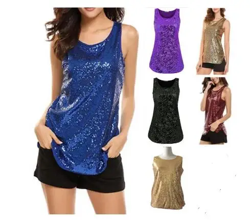 

New Fashion Sexy Womens Sequins Glitter Shinny Camis Sleeveless T-Shirt Summer Sparkle Shimmer Vest Crop Tee