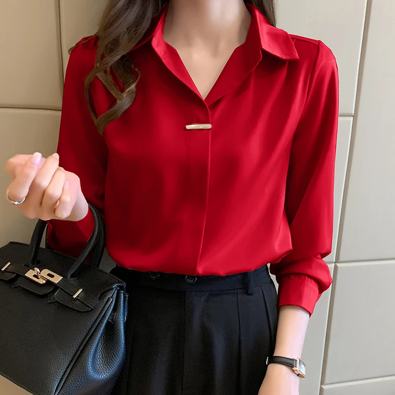 

Elegant Women Long Seeve Silk Shirt Casual Office Work Wear Solid Ladies Satin Blouse Top Chiffon Fashion Clothes
