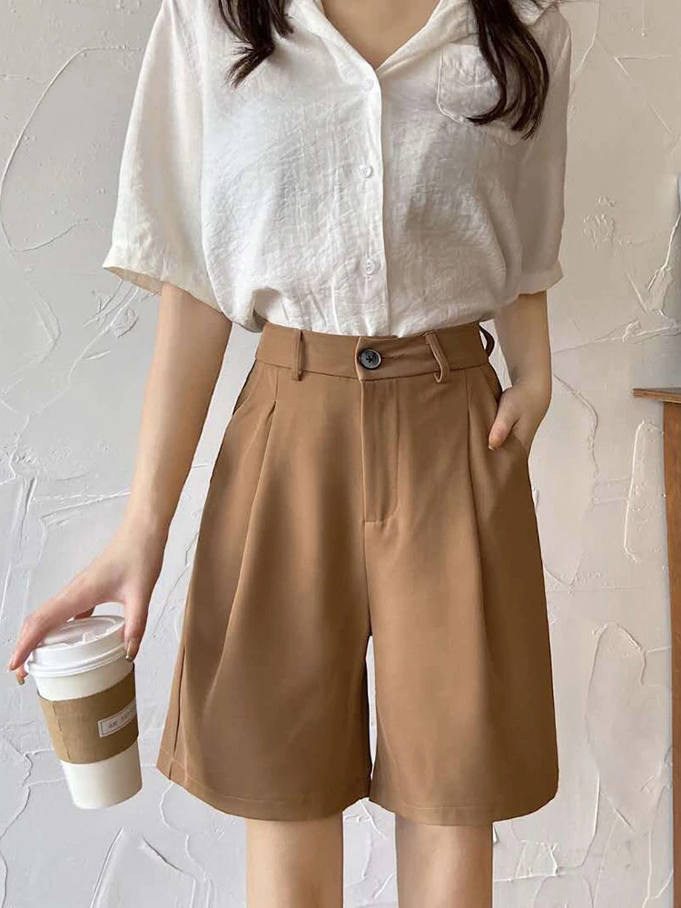2022 Summer Women High Waist Black Suit Shorts Wide Leg Knee-length Shorts with Pockets Button Ladies Casual Loose Short Pants