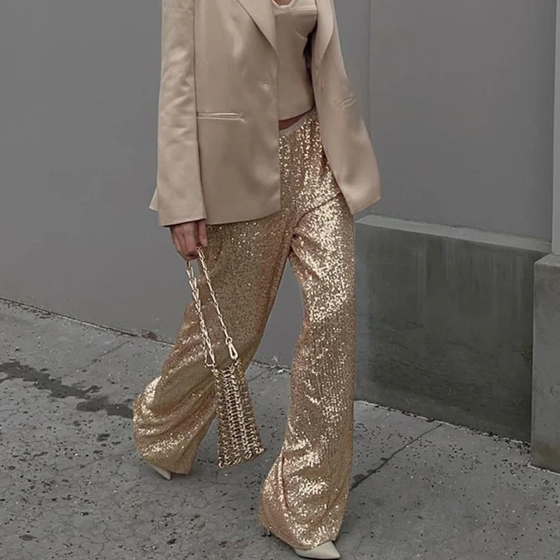 

Женские свободные брюки We. Изящные брюки, модные эластичные тренировочные брюки в стиле Харадзюку, с перламутровыми блестками, прямые качественные штаны с блестками