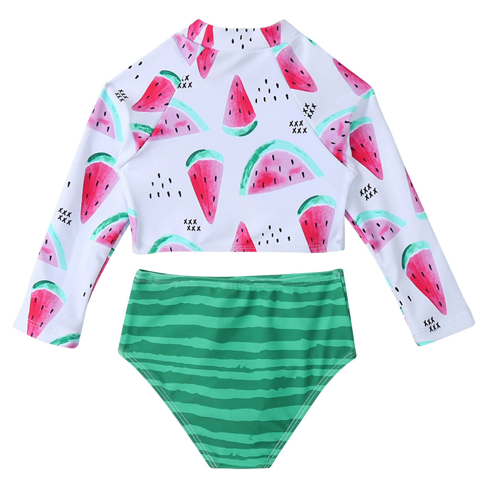 2Pcs Cute Kids Girls Cartoon Print Swimsuit Round Neck Long Sleeve Swim Tops Bikini Briefs Set Swimwear Bathing Suit Beachwear