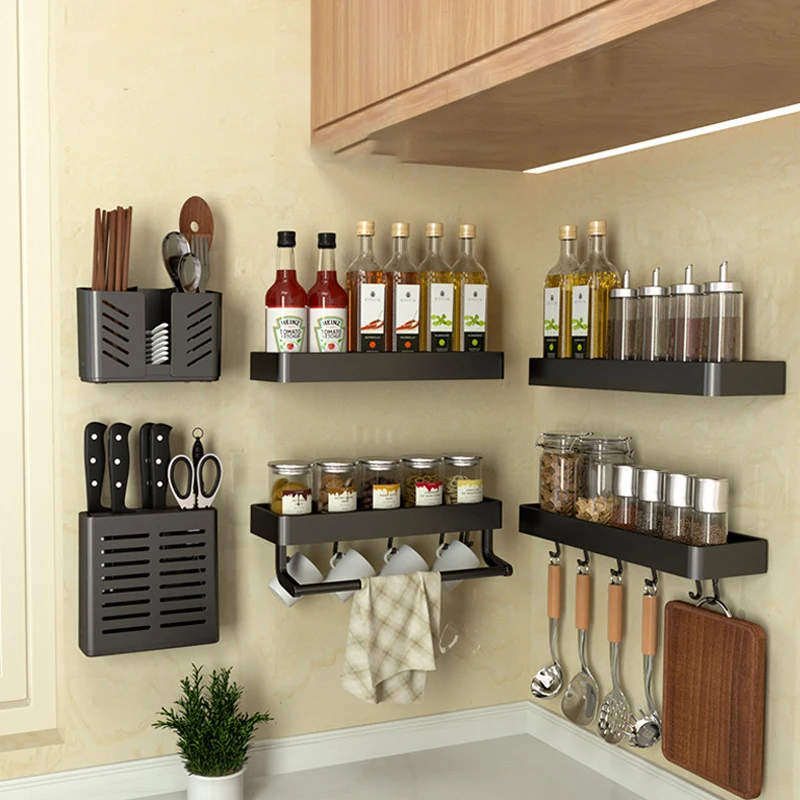 

Кухонный Органайзер, настенный держатель для приправ, алюминиевый Кухонный Контейнер без перфорации