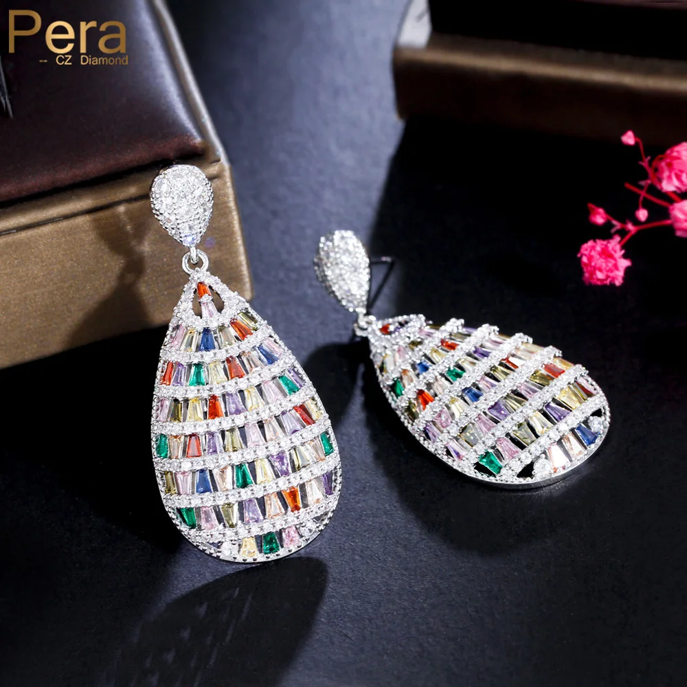 

Pera Dazzling Rainbow Cubic Zirconia Long Dangle Big Water Drop Silver Color Earring Bridal Wedding Party Jewelry for Women E103