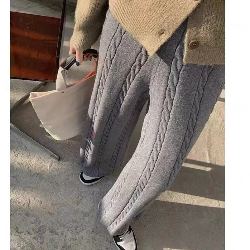 

Новинка 2023, серые широкие брюки с высокой талией, осенне-зимние модные свободные вязаные прямые брюки, повседневная женская одежда A518