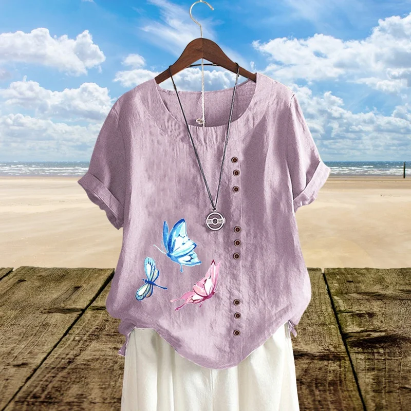 

Summer Retro New Ladies Butterfly Print Street Fashion Loose T-Shirt Cotton Linen Round Neck Plus Size Short Sleeve Women's Top
