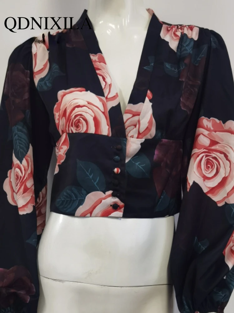 Женская рубашка с V-образным вырезом длинным рукавом-фонариком |