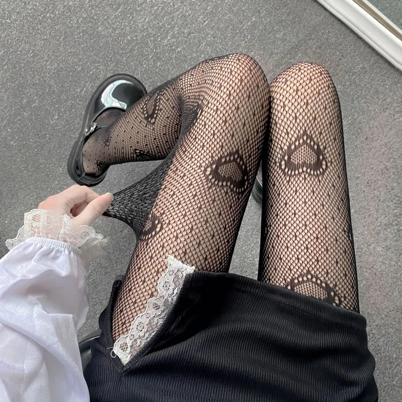 

Love Dots Trend Sexy Black Lolita Stockings Fishnet Goth Leggings Solid Color High Socks Kitten Cute Tights for Spring Summer