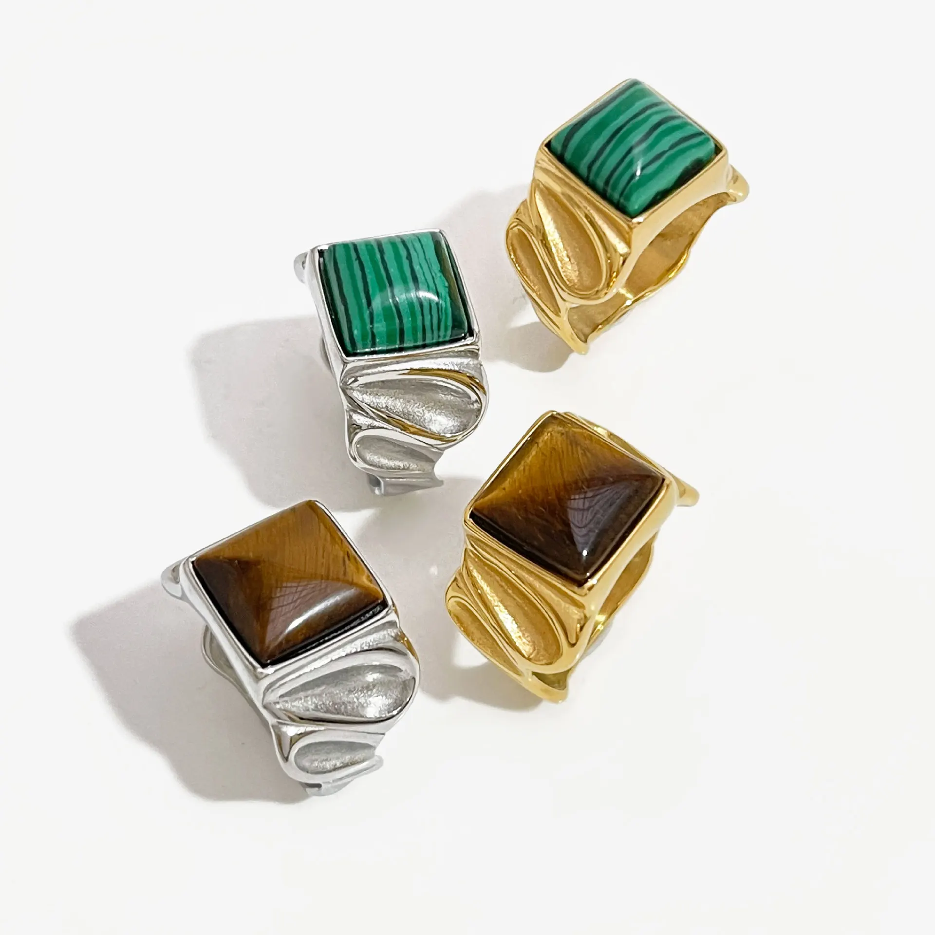

Minar Classic Stainless Steel Chunky 18K Gold Plated Wrinkle Rings for Women Square Tiger Eye Malachite Natural Stone Charm Ring