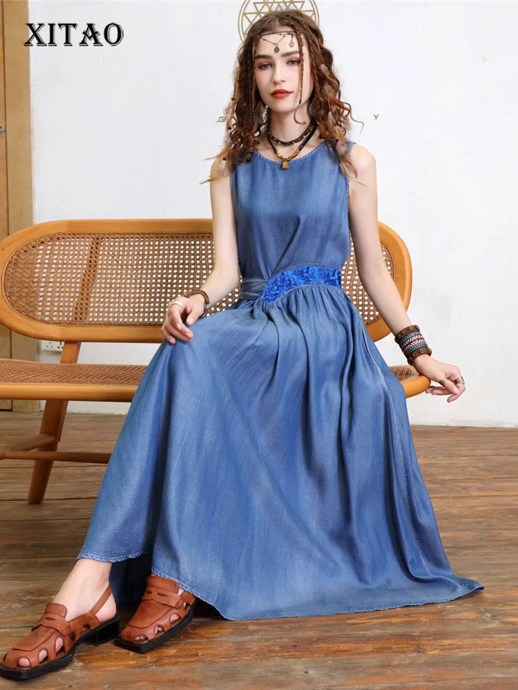 

XITAO Embroidery Dress Pleated Sleeveless Drawstring Small Fresh Casual Style Pullover 2022 Summer Elegant Loose Dress WLD8369