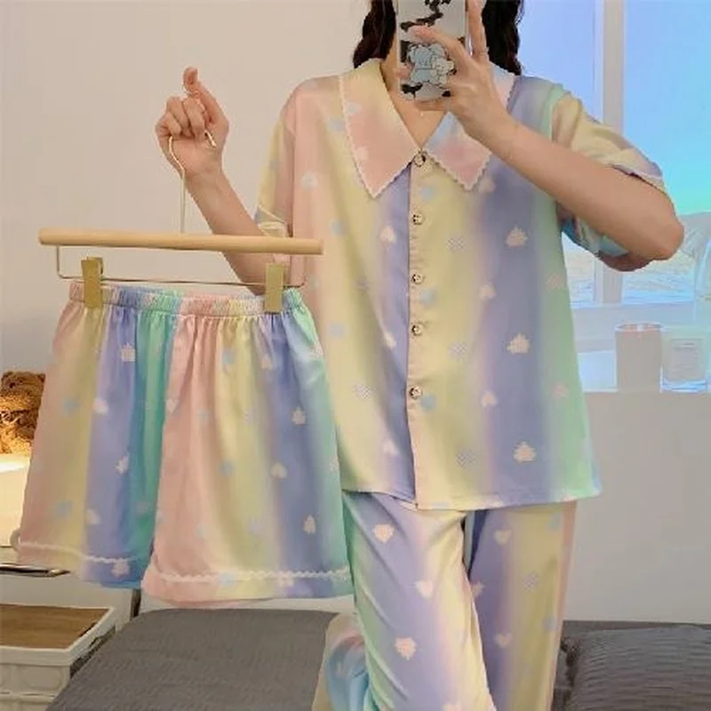 QWEEK Three Pieces Women's Satin Pajamas Summer Sleepwear Japanese Sweets Trouser Suits Print Suits with Shorts Home Wear