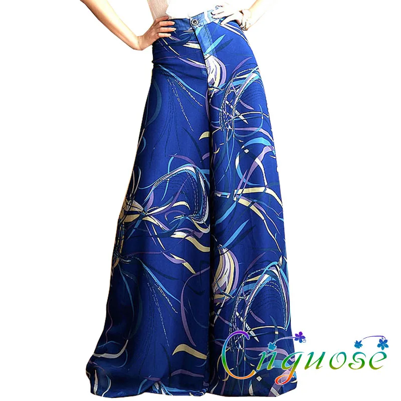 2022 Summer Elegant Fashion Casual Plus Size High Waist Striped Printed Chiffon Wide Leg Pants Culottes Trousers For Womens