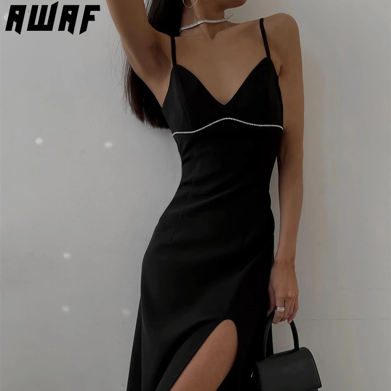 

AWAF Sexy Backless Diamond Midi Dress for Women V Neck Straps Halter Split Elegant Club Party Long Dresses Vestido Clothes