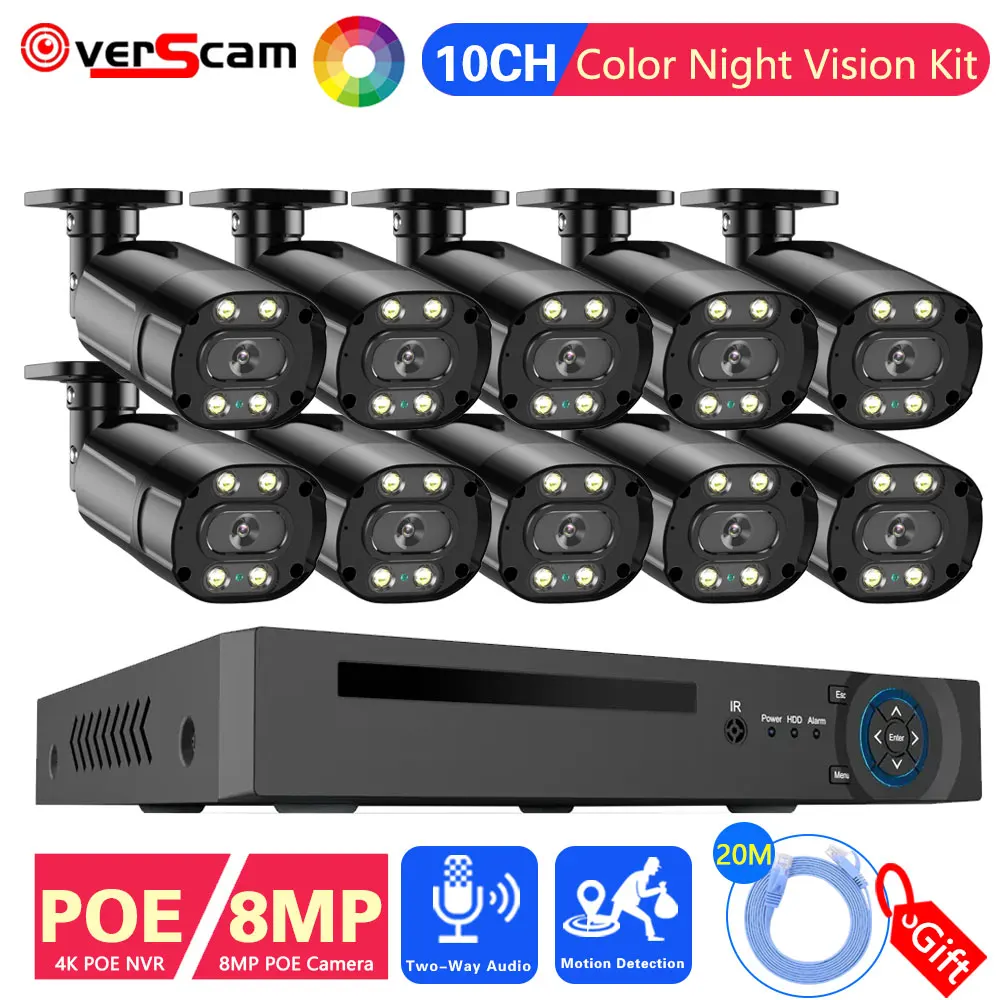 

10CH 8MP POE Surveillance Camera System 4K POE NVR Full Color Night Vision IP Bullet Camera Video security protection cctv Cam