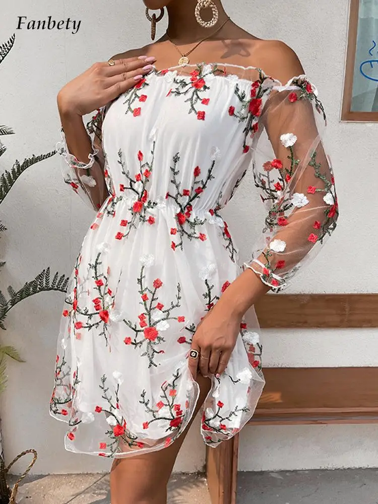 

Elegant Floral Print Mesh Patchwork Long Sleeve Beach Dress Summer Ladies New Fashion Strapless Off Shoulder Mini Dress Vestidos